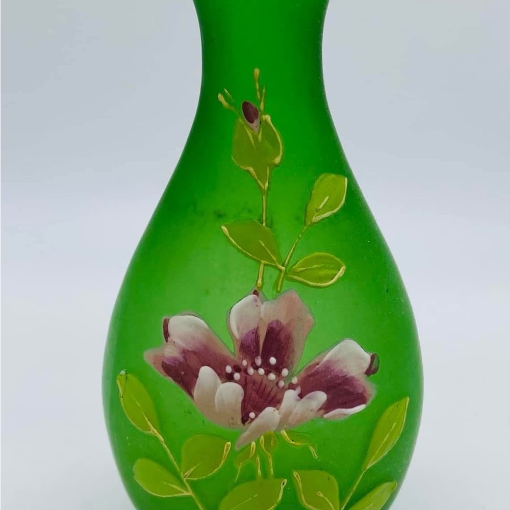c.1880 Bohemian CARL GOLDBERG Green Satin Glass Vase with Hand Painted Floral En